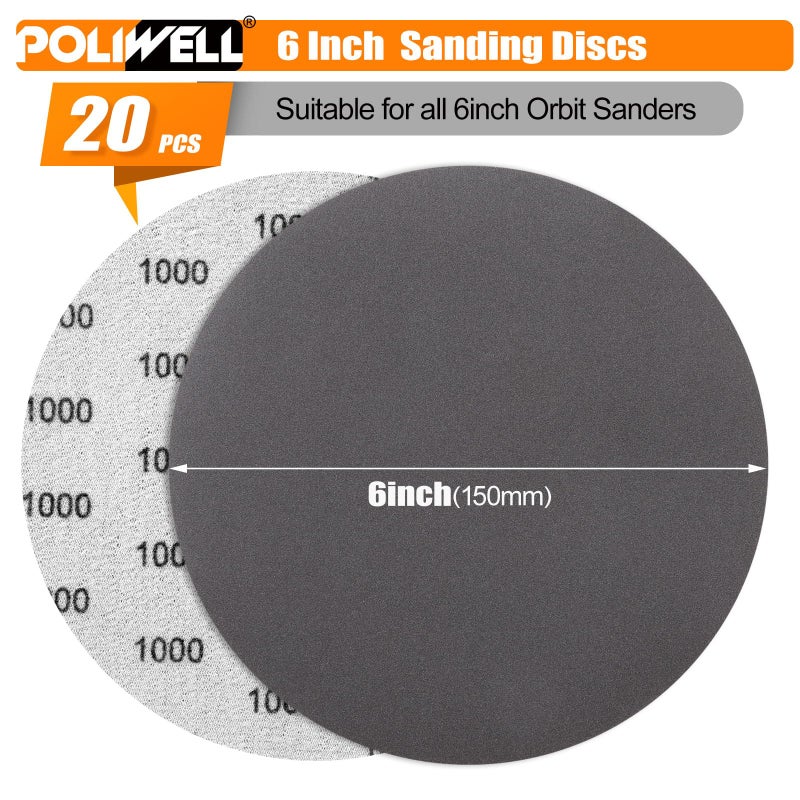 POLIWELL 6 Inch (150mm) 1000 Grit High Performance Waterproof Hook & Loop Sanding Discs Heavy Duty Silicon Carbide Round Flocking Sandpaper for Wet/Dry Sanding Grinder Polishing Accessories, 20-Pack - Image 2